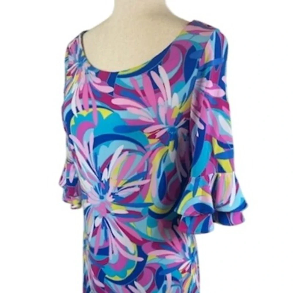 Pappagallo Floral Abstract Print 3/4 Sleeve Ruffle Cuff Sheath Dress Size Medium